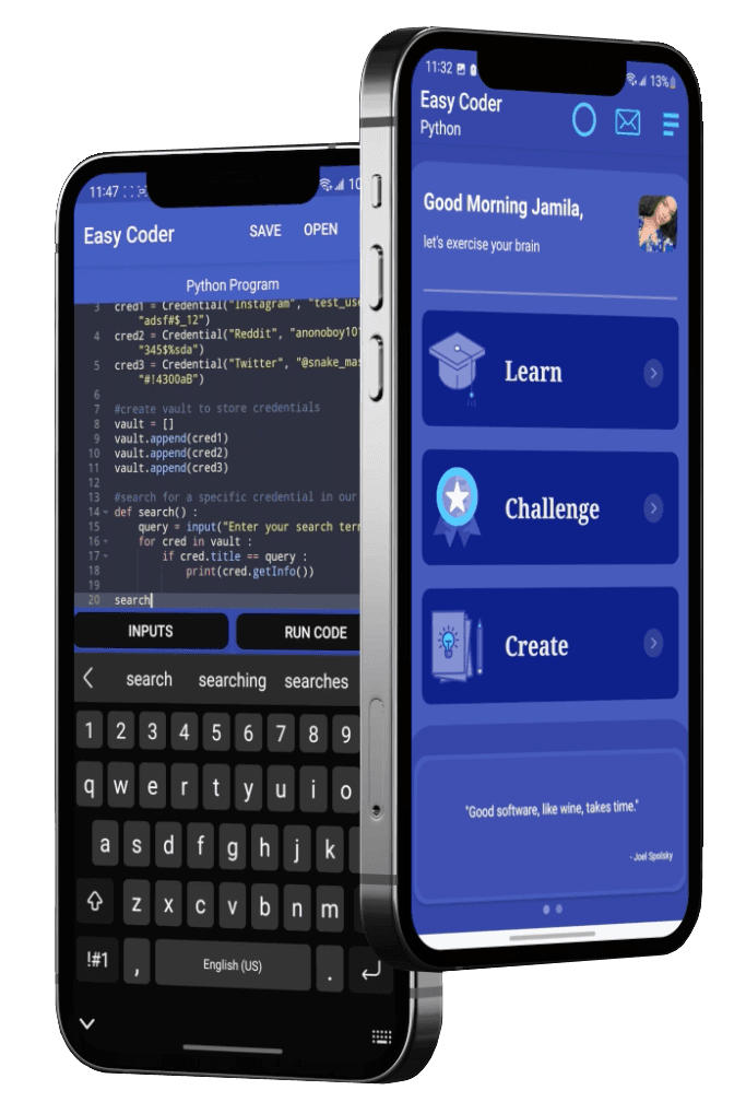 Easy Coder app showing the home screen and Python editor