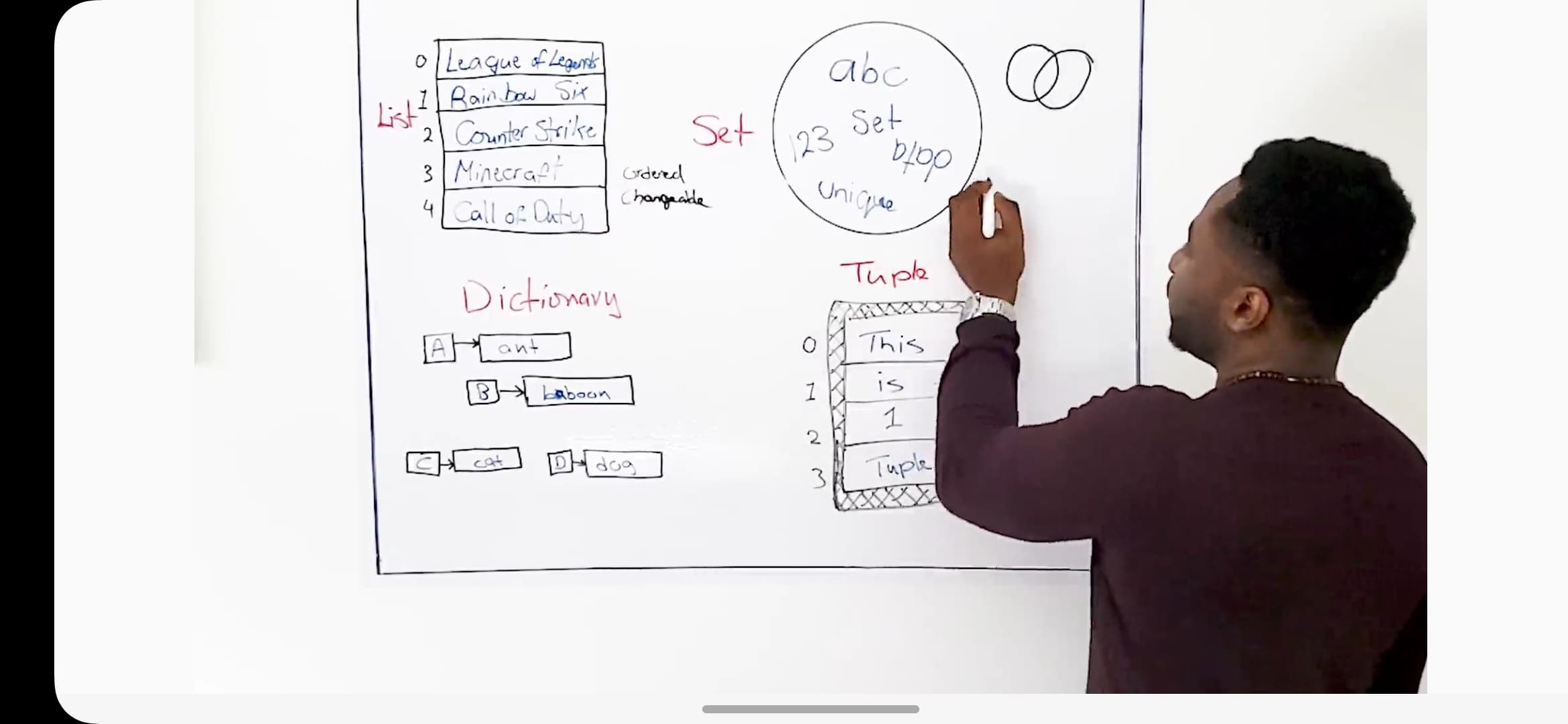 Albert teaching Python data structures on a whiteboard