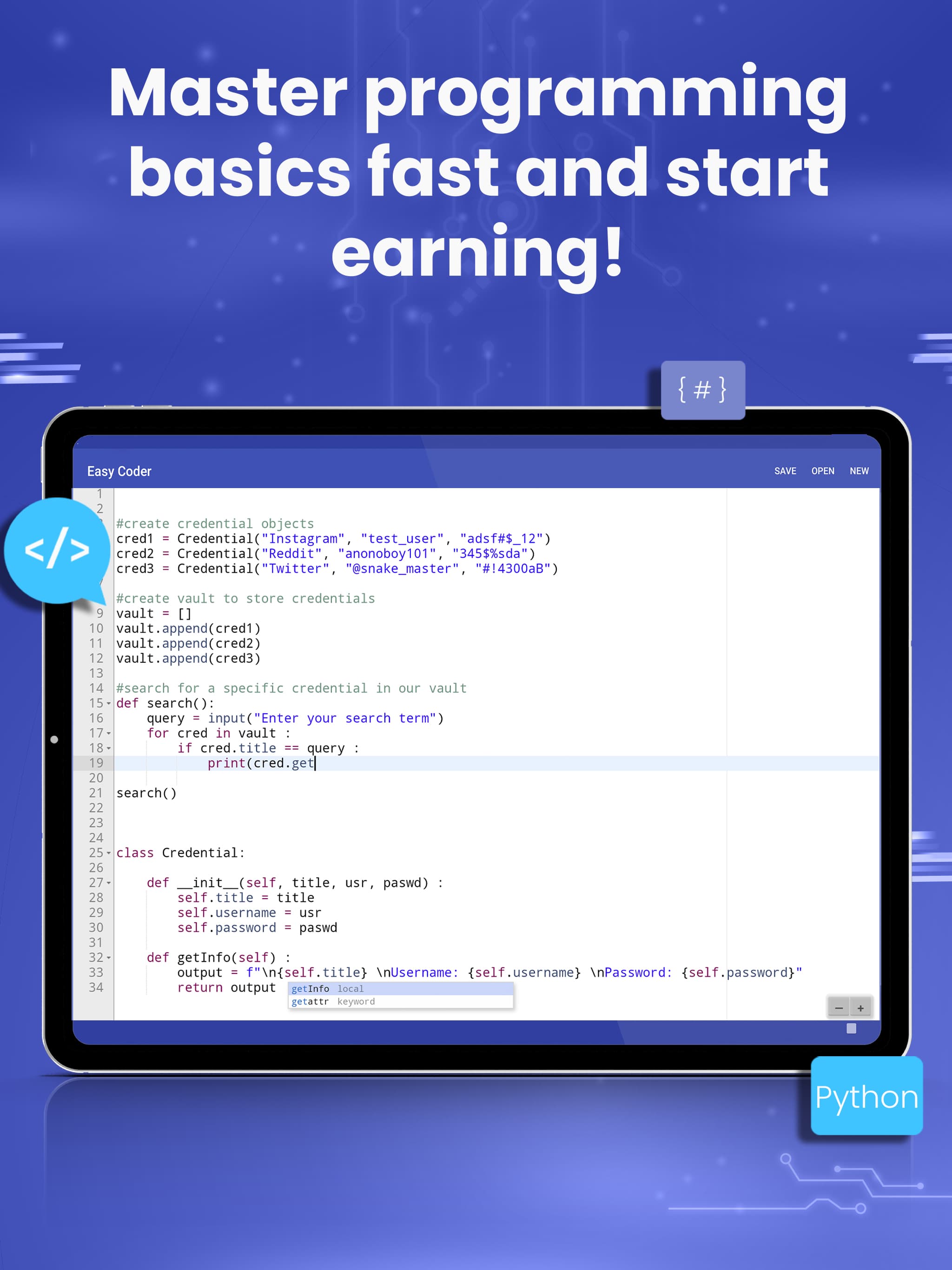 Easy Coder on a tablet with the Python editor open