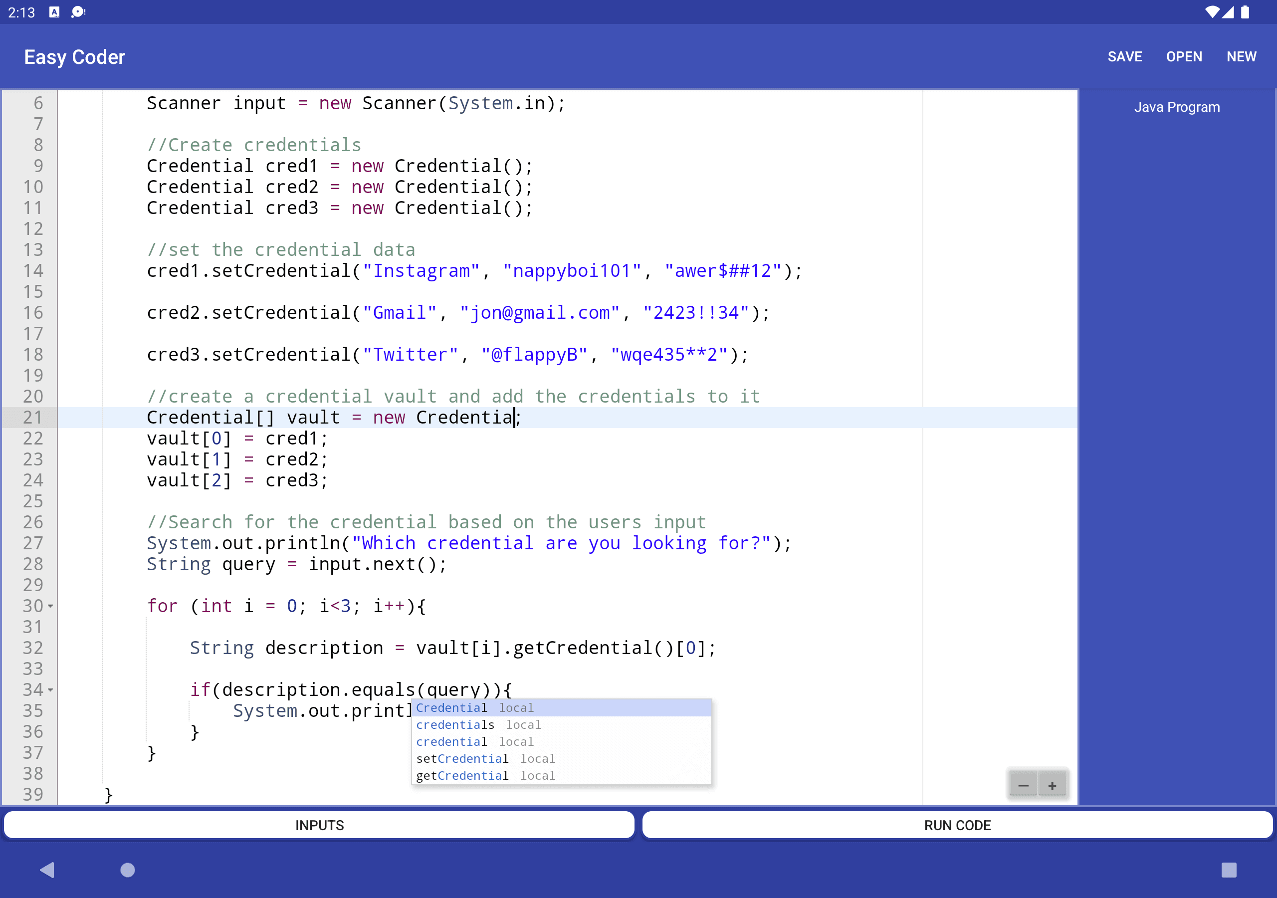 Java editor in Easy Coder